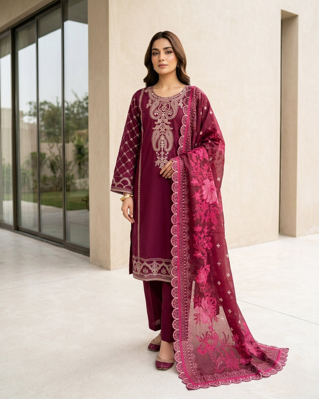 Regal Maroon Embroidered Pakistani 3-Piece Suit