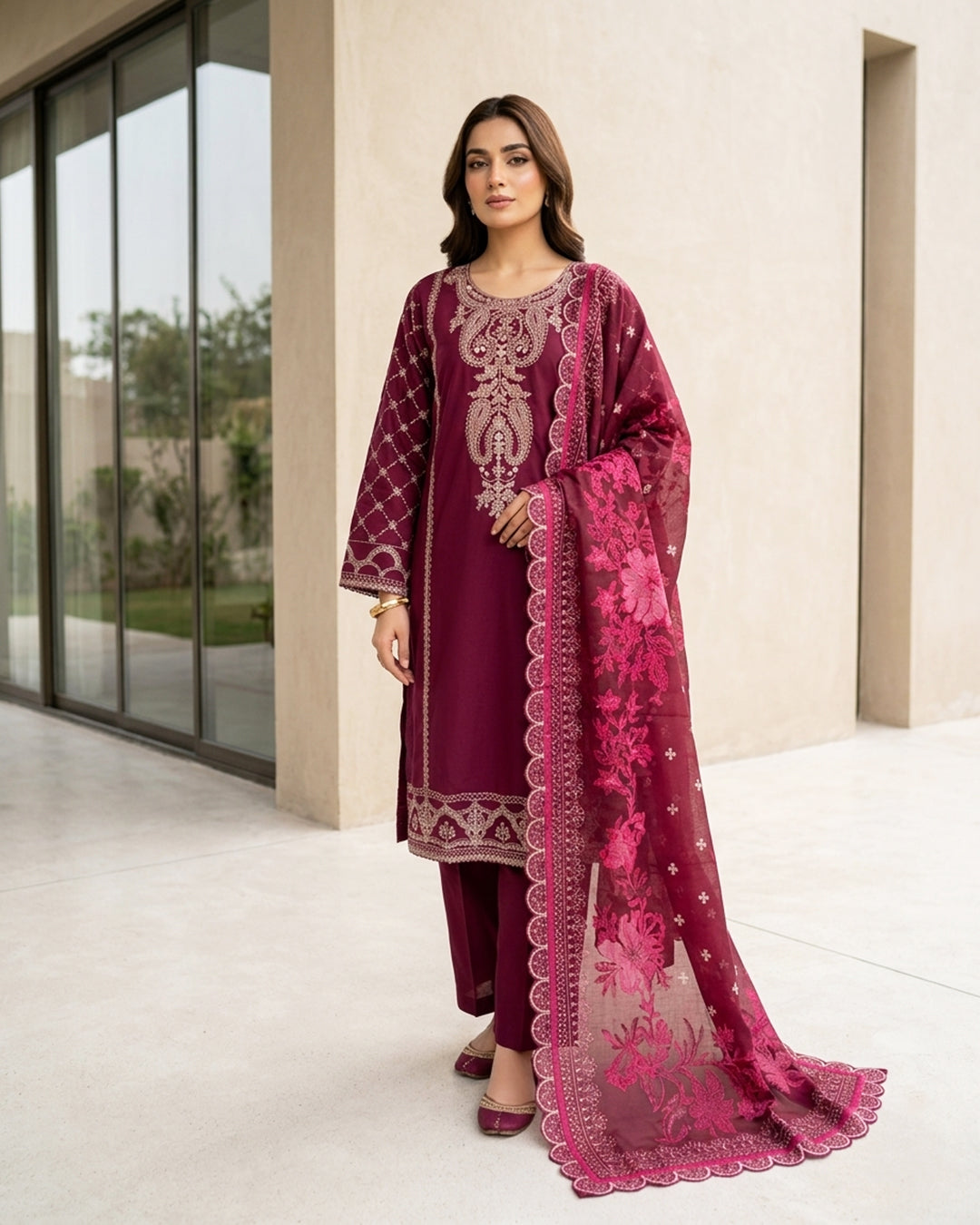 Regal Maroon Embroidered Pakistani 3-Piece Suit