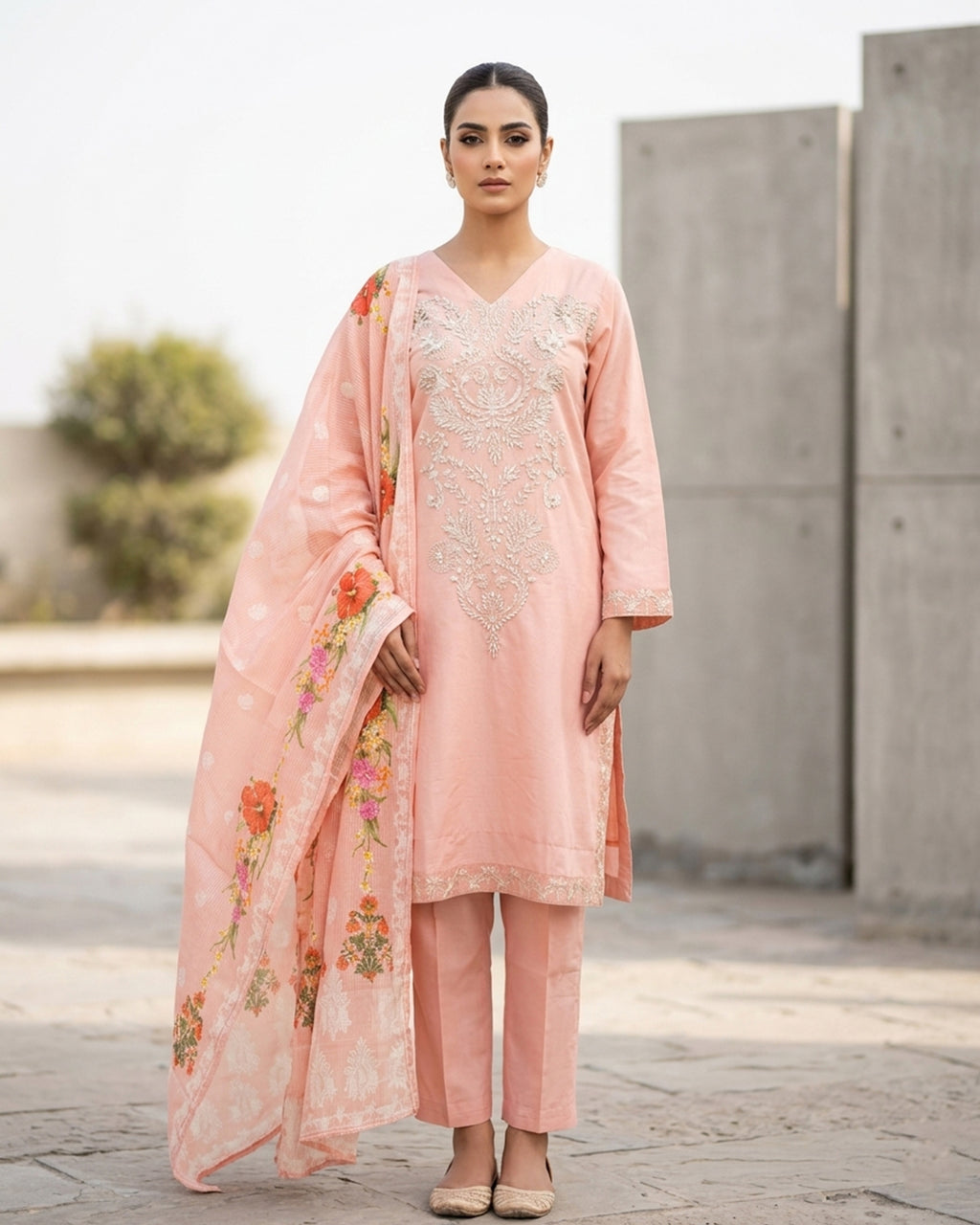 Blush Peach Embroidered Lawn 3-Piece Suit