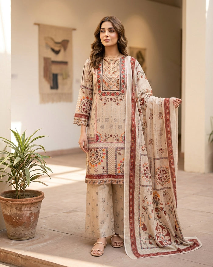 Beige Floral Printed Pakistani 3-Piece Lawn Suit