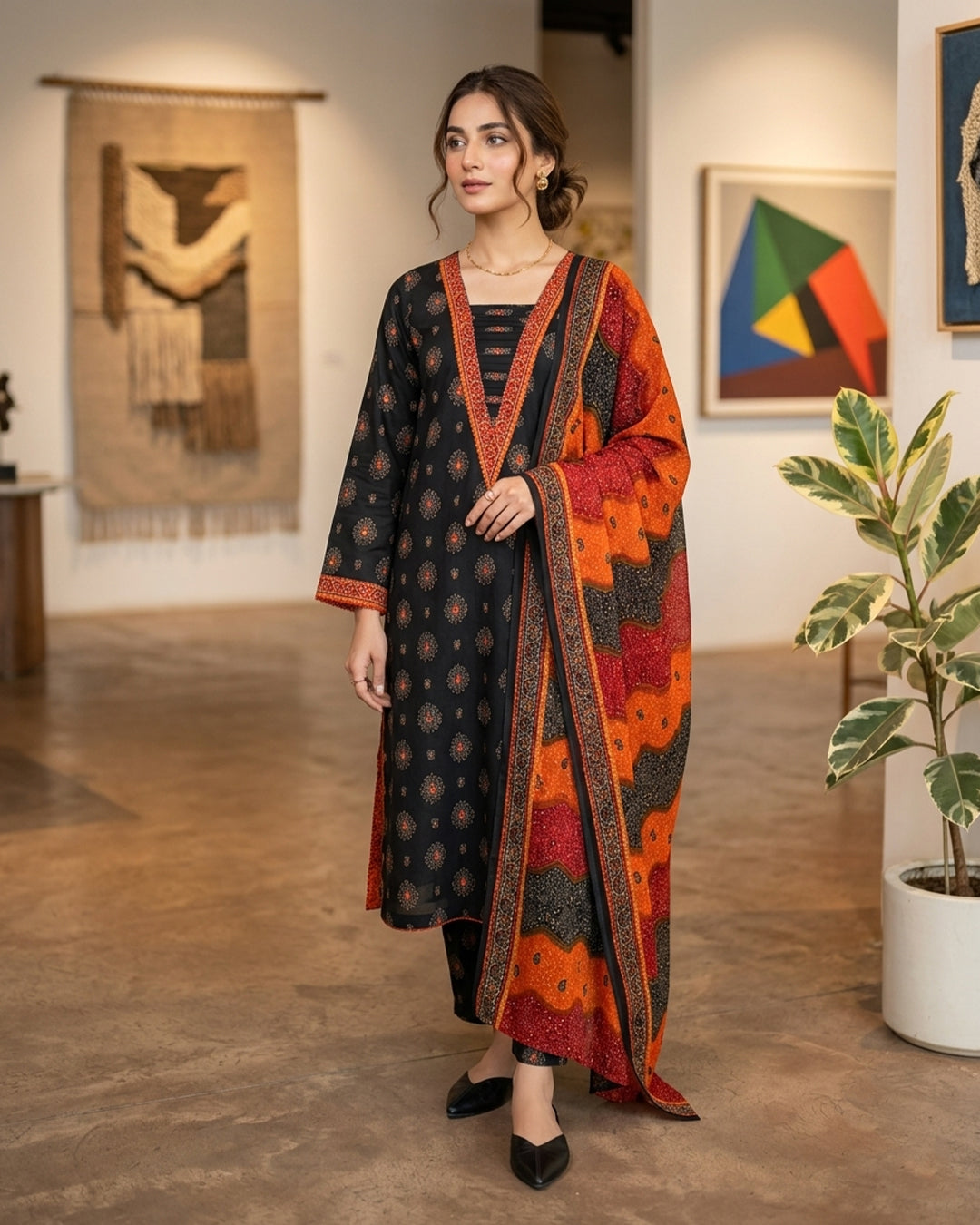 Black Floral Ajrak Print Dupatta Suit