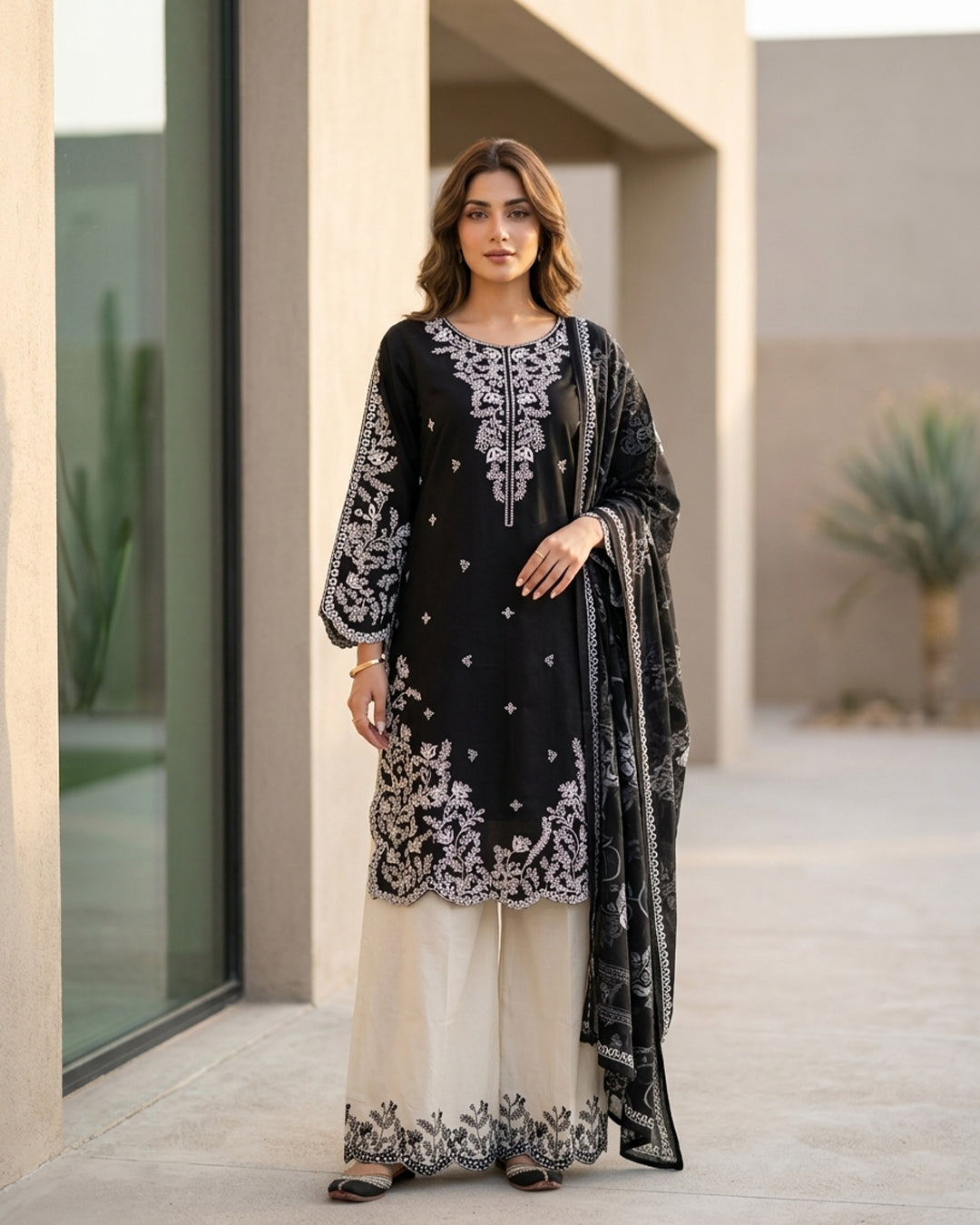 Black Embroidered Kurta & Off-White Palazzo Suit