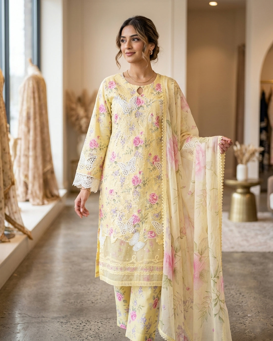Sunshine Floral Butterfly Embroidered Lawn 3-Piece