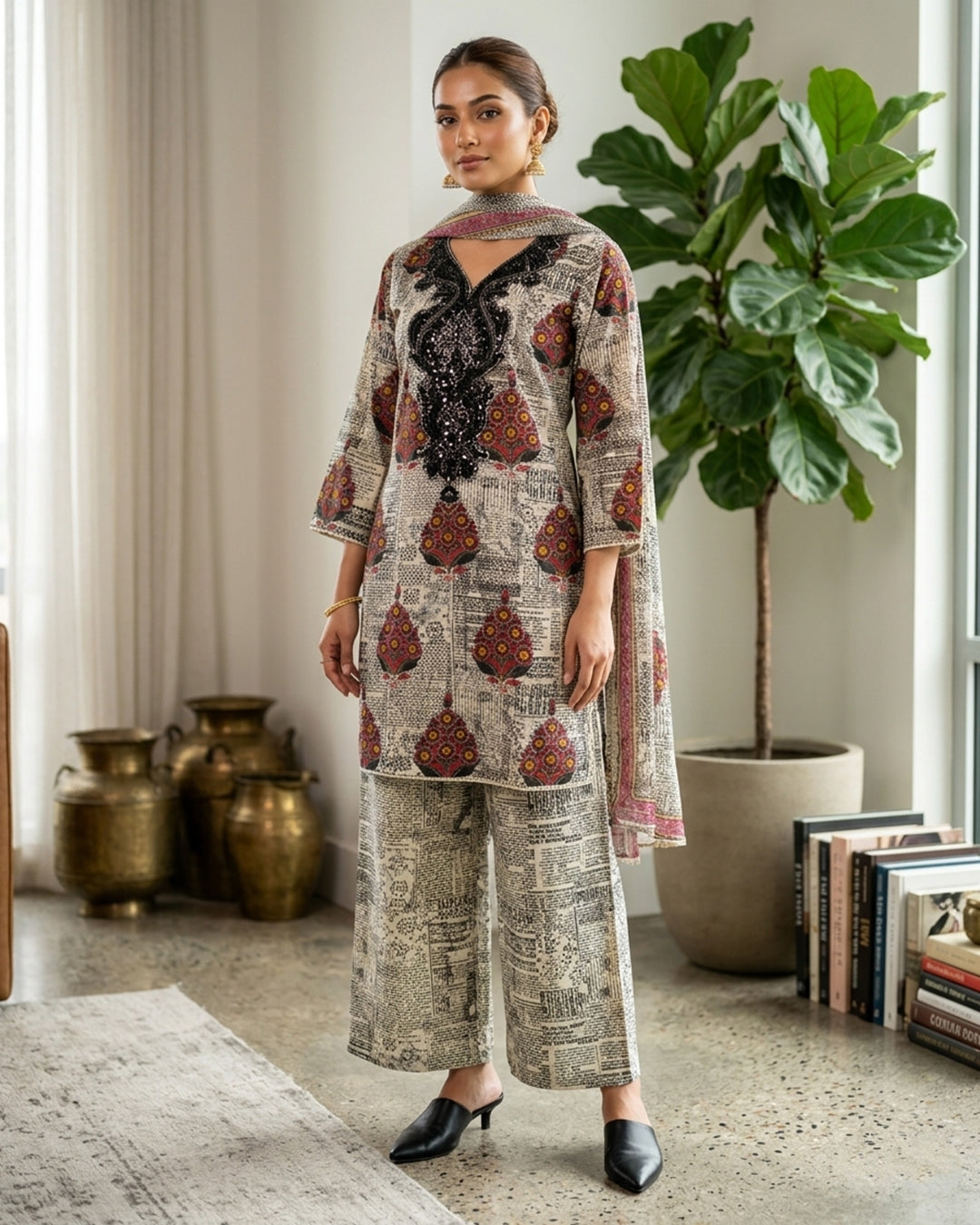 Newspaper Print Embroidered Kurta Set