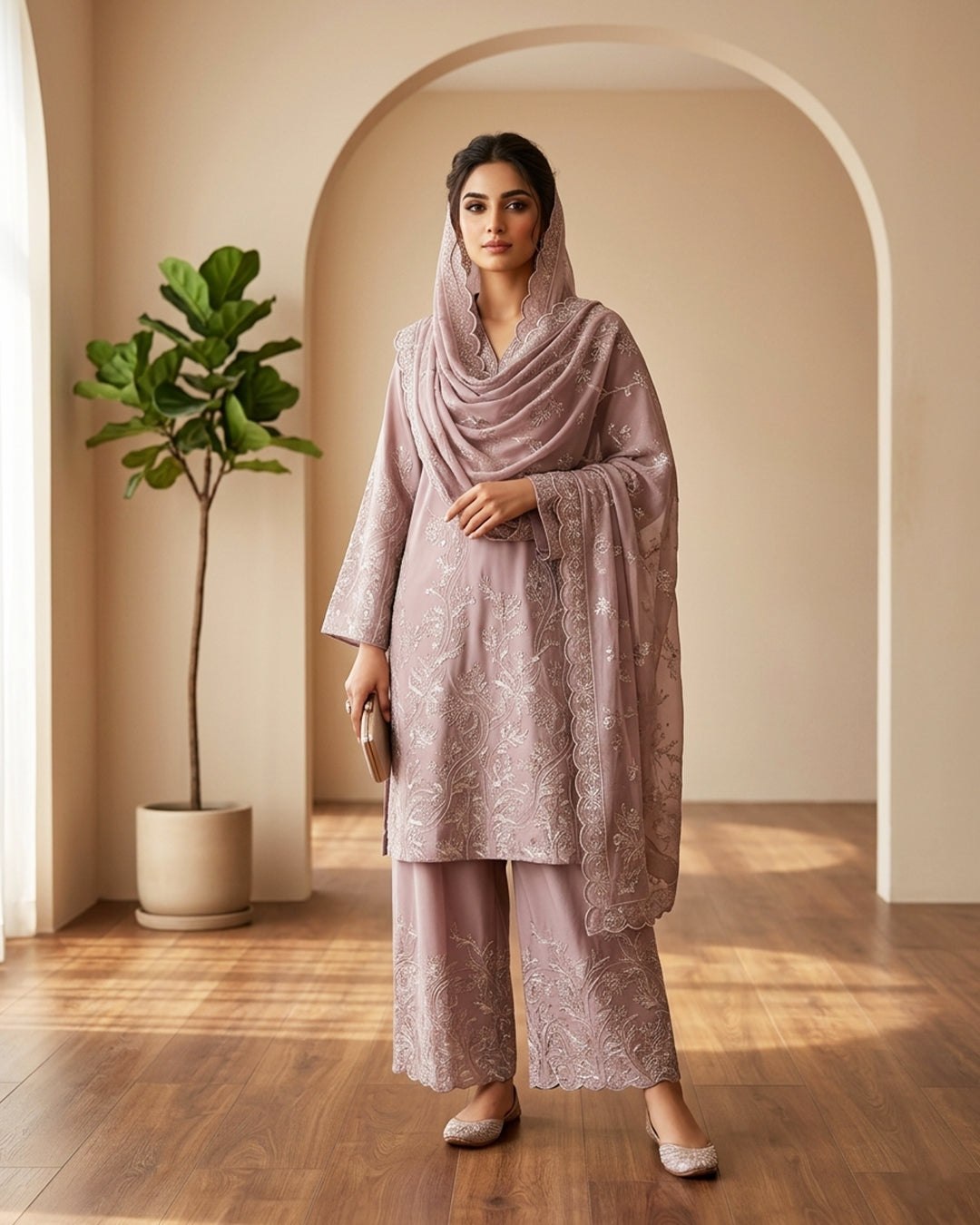 Dusty Rose Embroidered Pakistani Luxury Suit