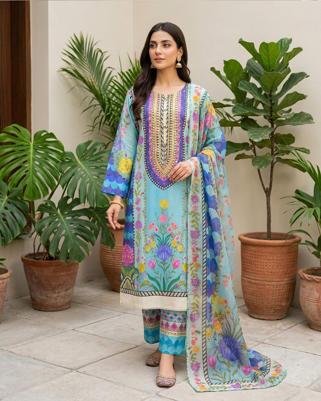 Turquoise Floral Lawn Embroidered Salwar Suit