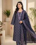 Navy Floral Embroidered Three-Piece Lawn Suit