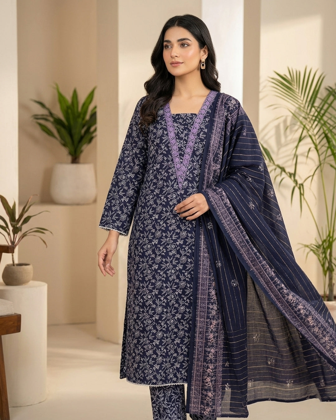 Navy Floral Embroidered Three-Piece Lawn Suit