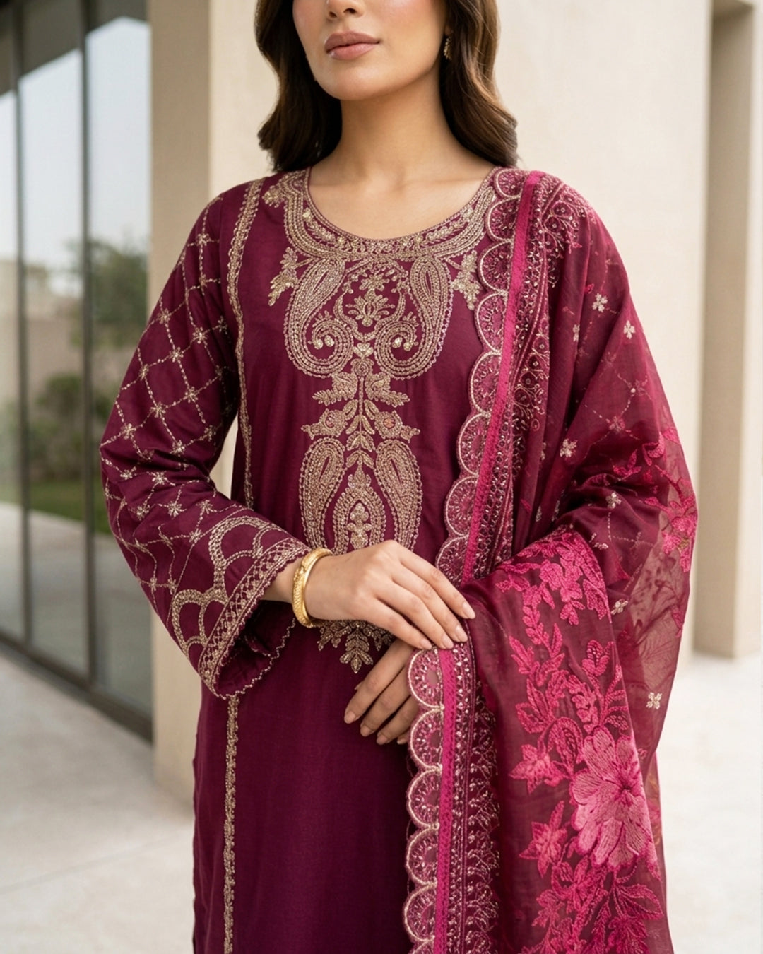 Regal Maroon Embroidered Pakistani 3-Piece Suit