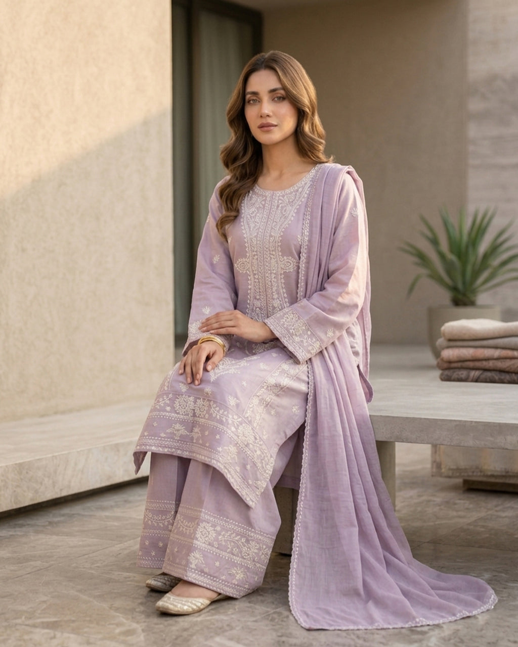 Lavender Chikankari Embroidered Pakistani Suit Set