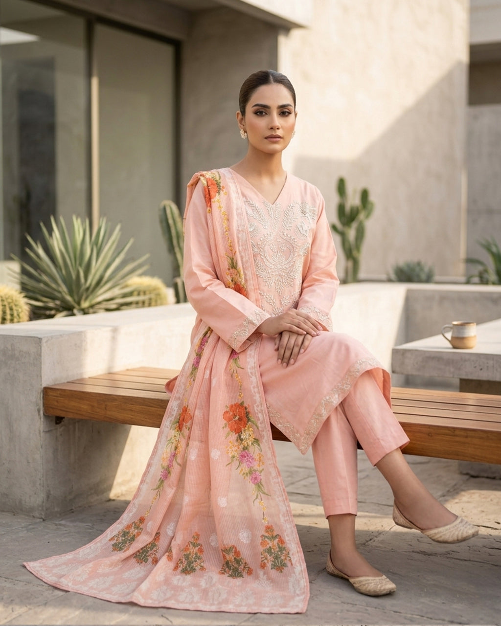 Blush Peach Embroidered Lawn 3-Piece Suit