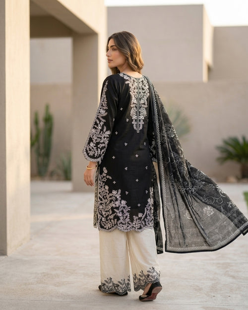 Black Embroidered Kurta & Off-White Palazzo Suit