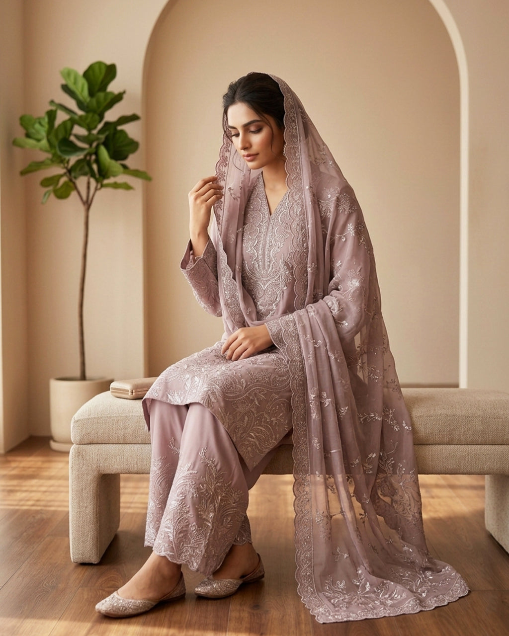 Dusty Rose Embroidered Pakistani Luxury Suit