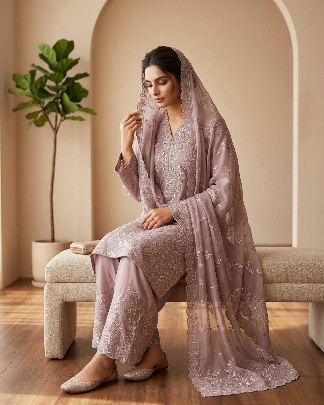 Dusty Rose Embroidered Pakistani Luxury Suit
