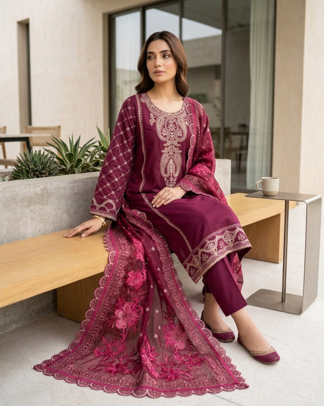 Regal Maroon Embroidered Pakistani 3-Piece Suit