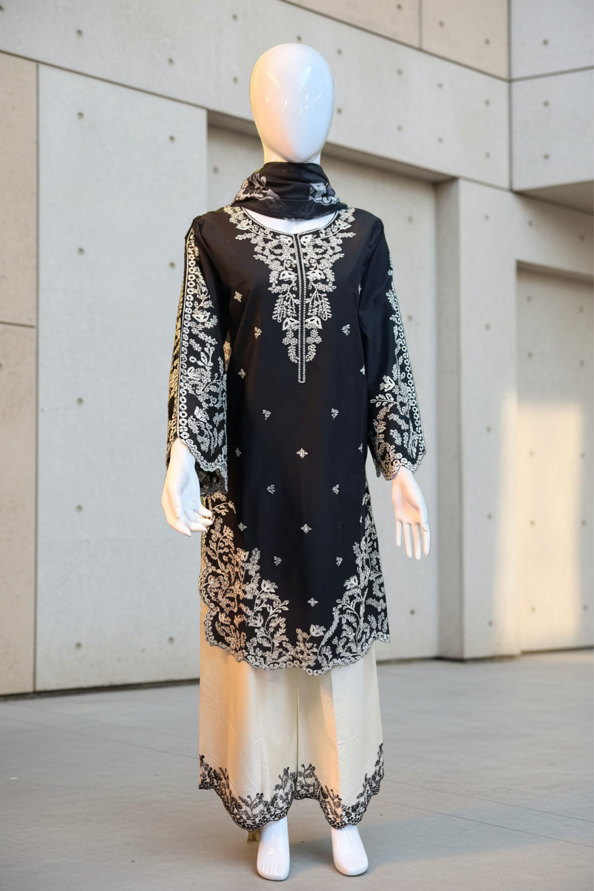 Black Embroidered Kurta & Off-White Palazzo Suit