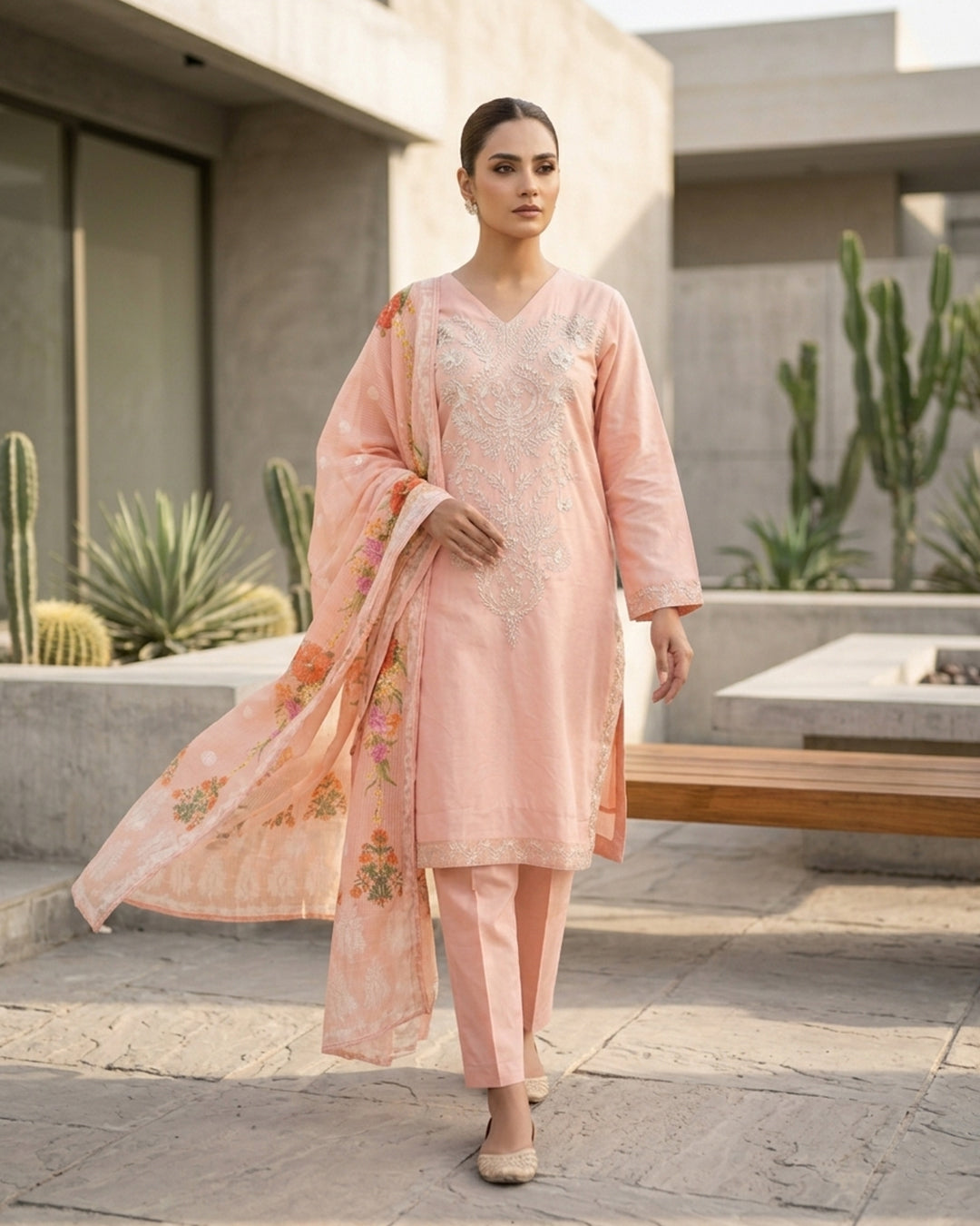Blush Peach Embroidered Lawn 3-Piece Suit