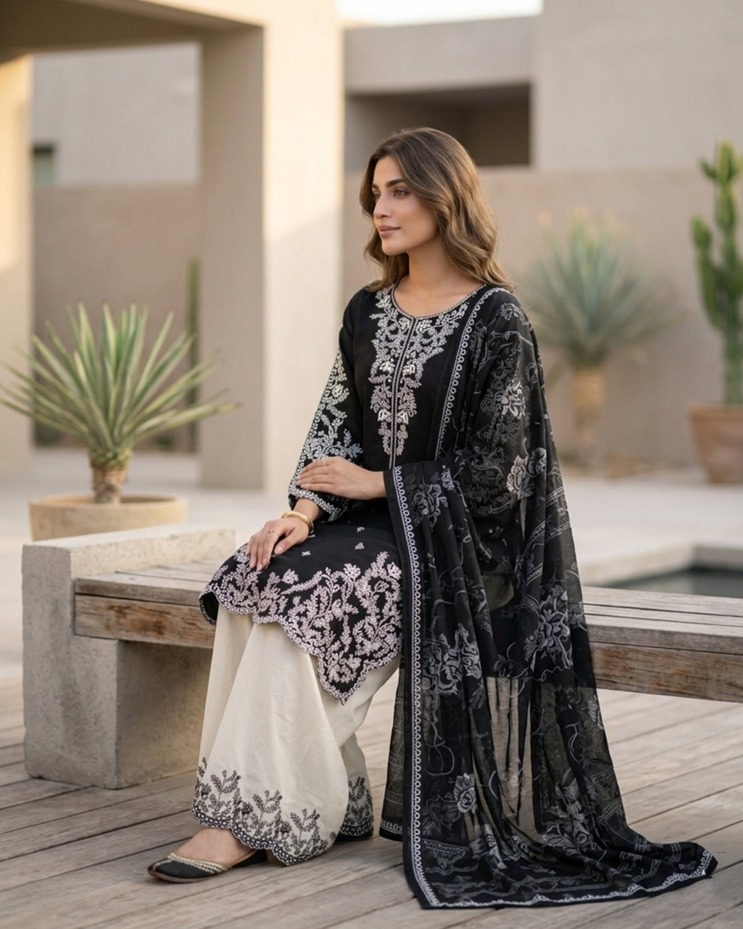 Black Embroidered Kurta & Off-White Palazzo Suit
