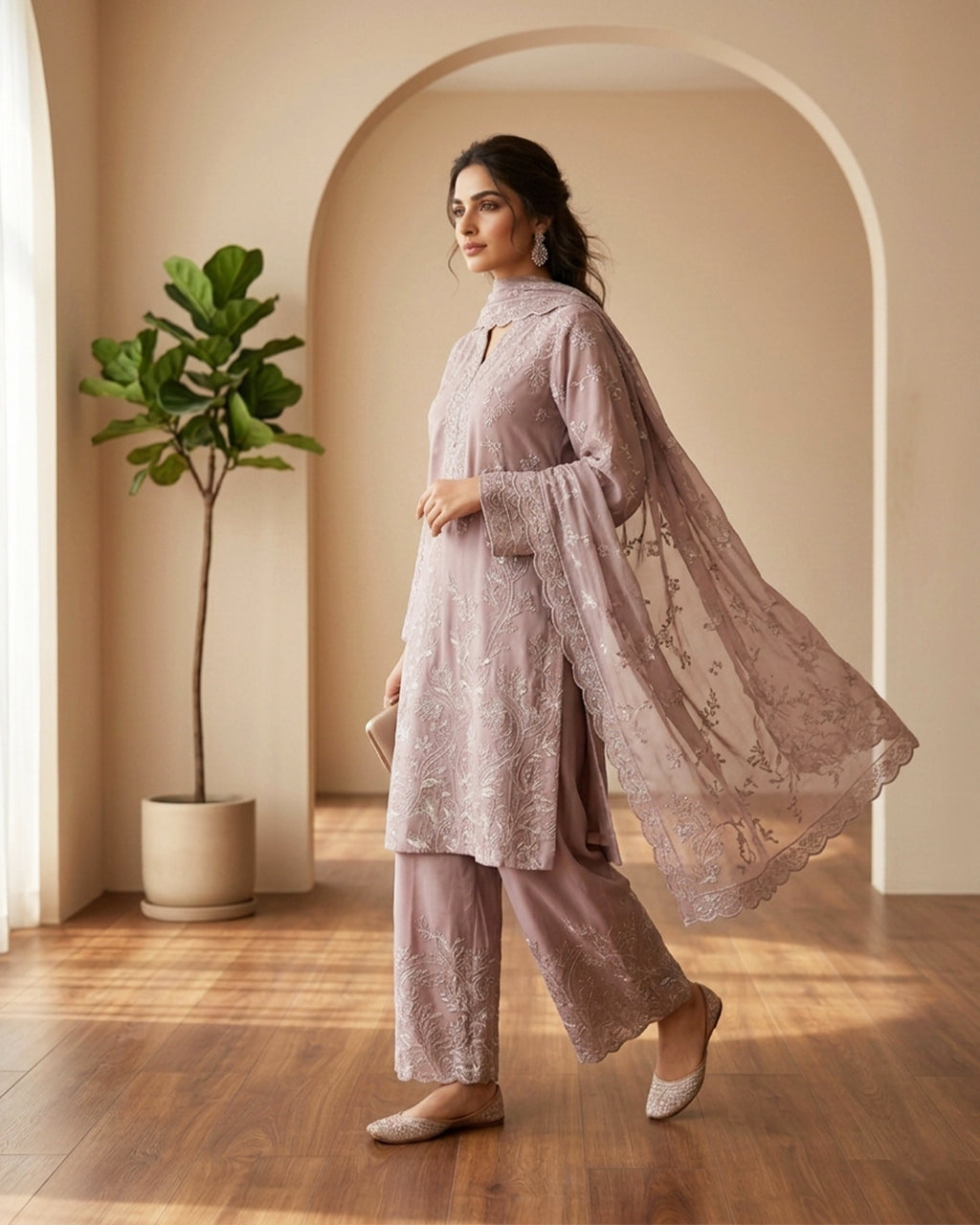 Dusty Rose Embroidered Pakistani Luxury Suit