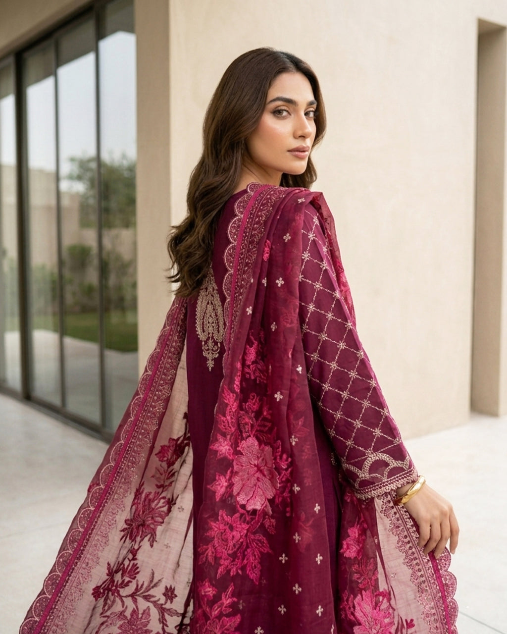Regal Maroon Embroidered Pakistani 3-Piece Suit