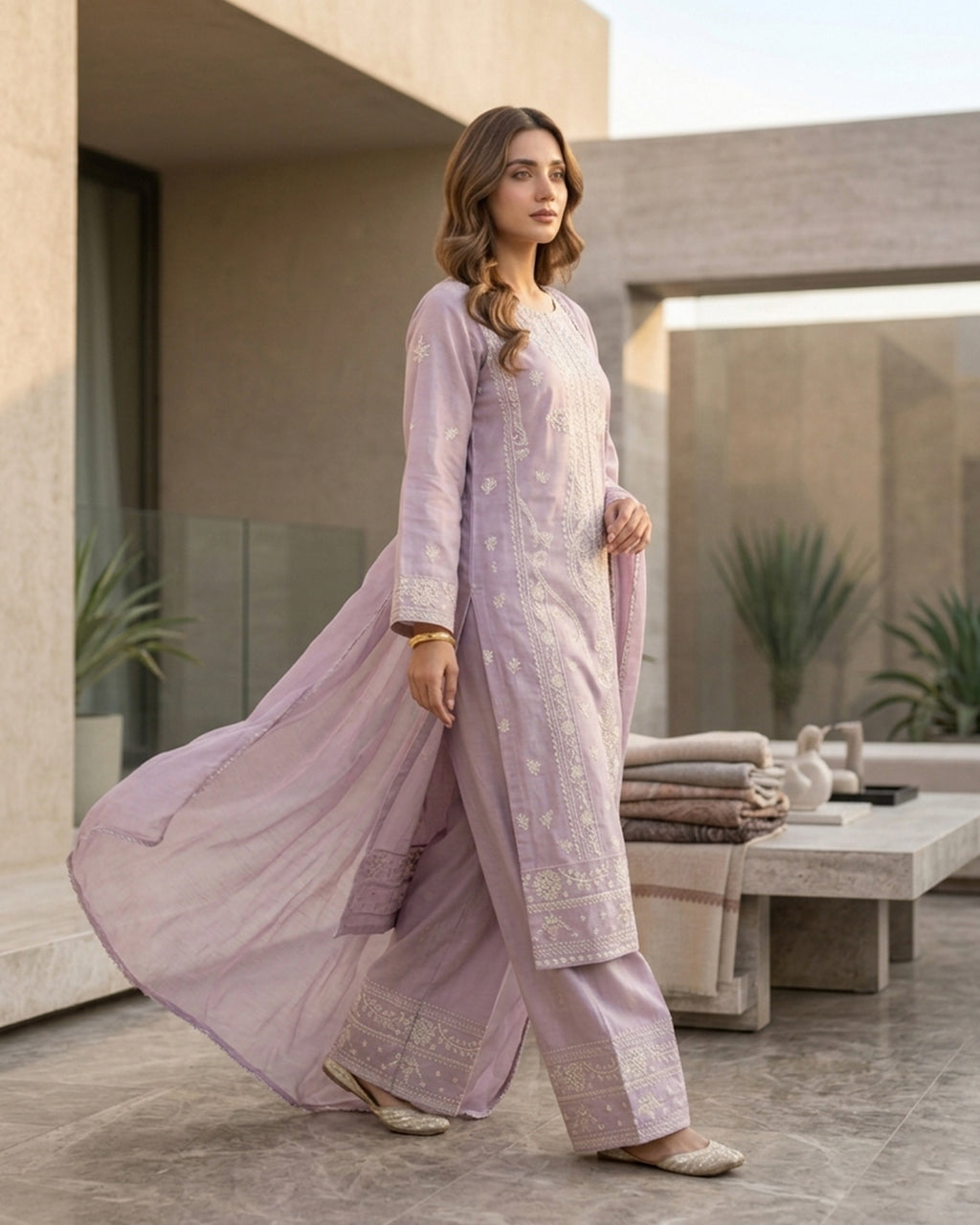 Lavender Chikankari Embroidered Pakistani Suit Set