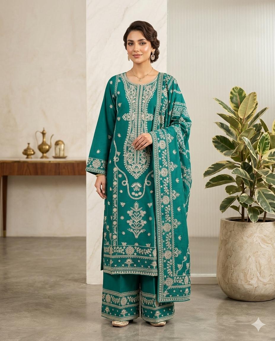 Elegant Emerald Teal Embroidered 3-Piece Kurta Set with Palazzo and Matching Dupatta