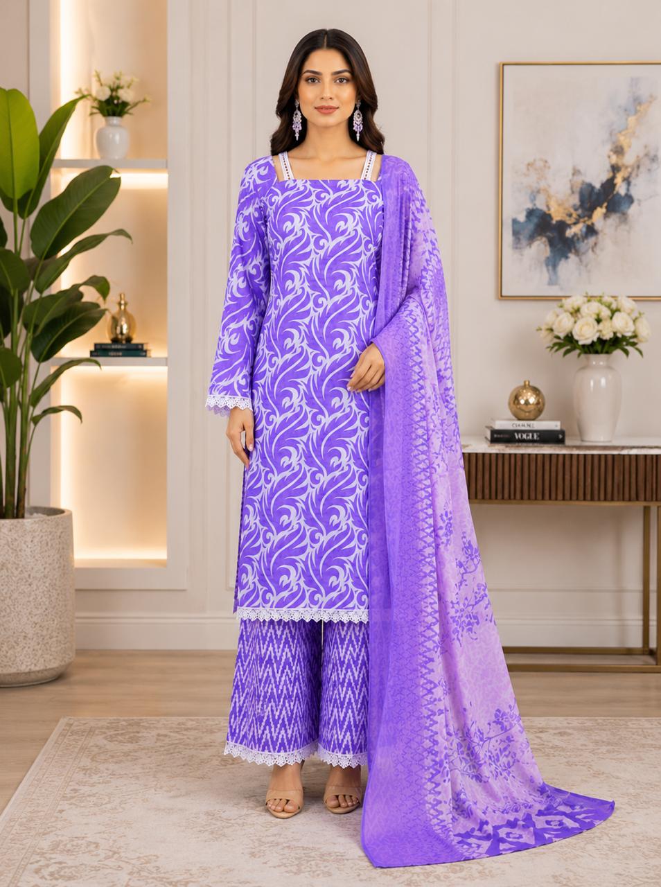 purple printed 3-piece suit