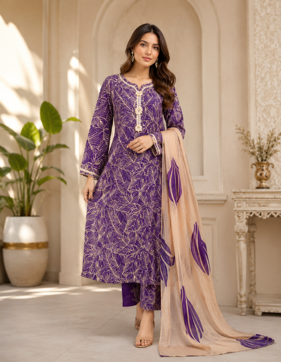 Elegant and graceful, this stunning purple printed 3-piece outfit