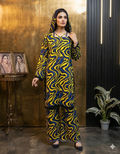 Threepiece outfit  in vibrant yellow, royal blue, and black