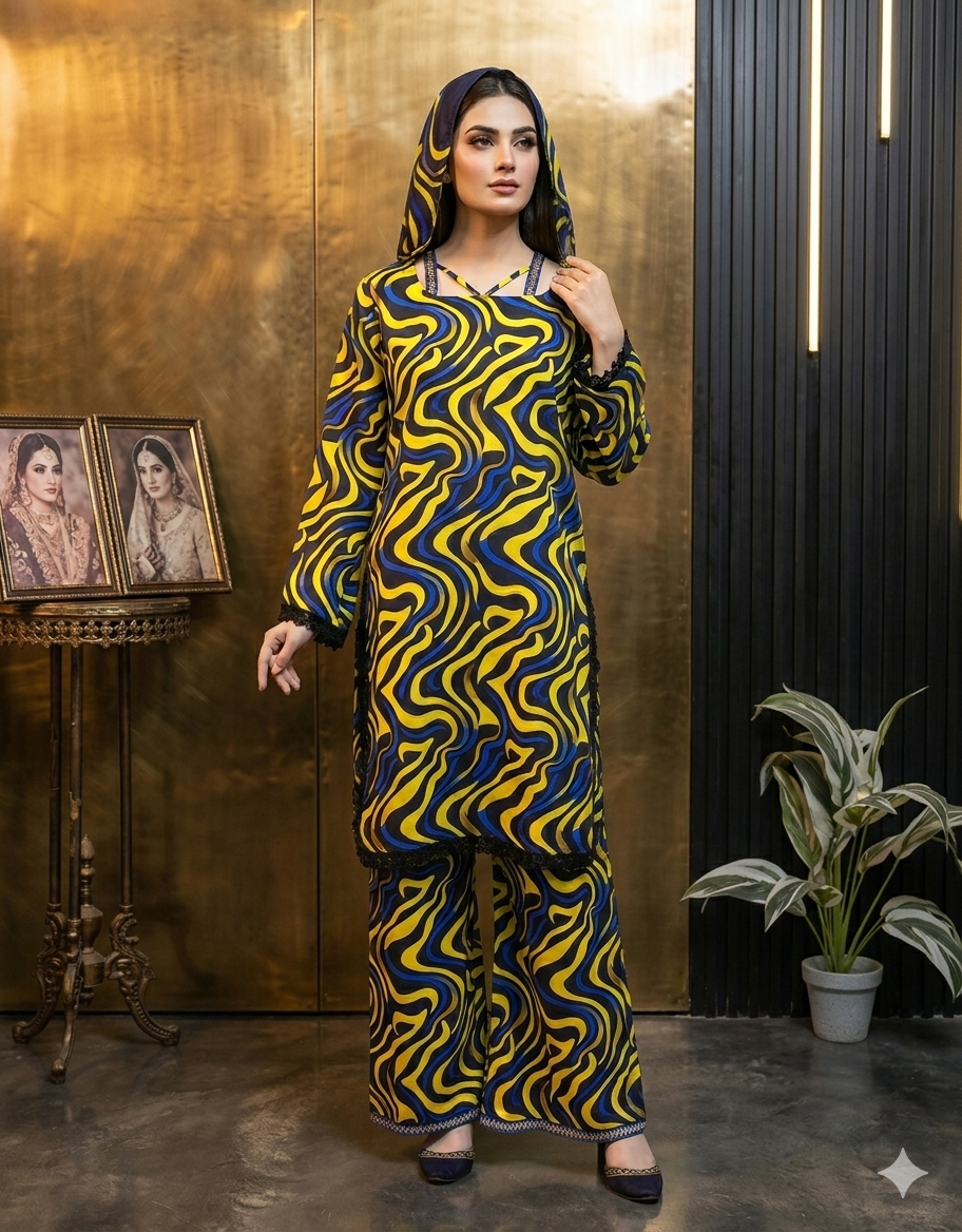 Threepiece outfit  in vibrant yellow, royal blue, and black
