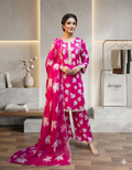 Vibrant Pink Leaf Print Salwar Kameez 3 pcs Set