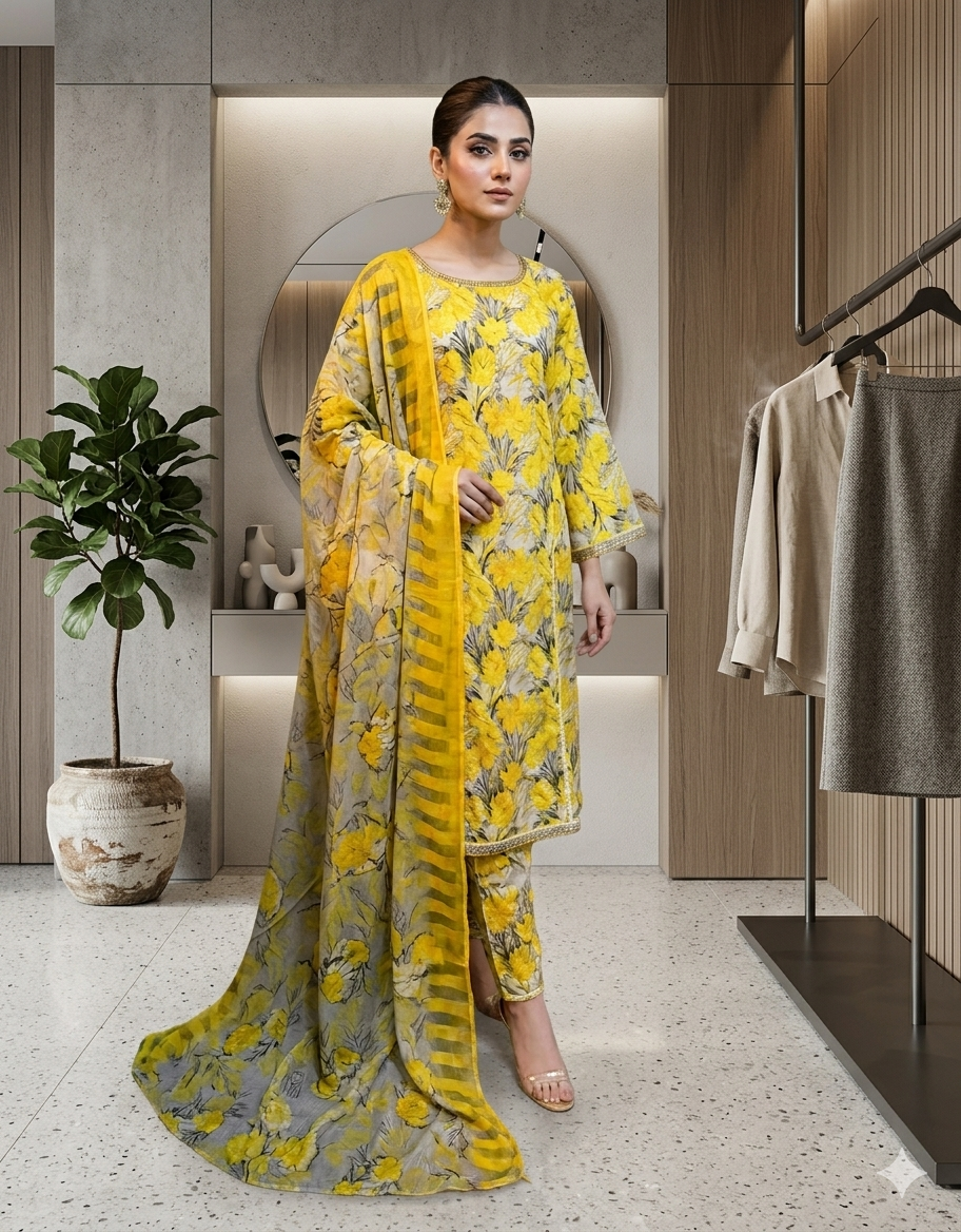 a contemporary three-piece Pakistani shalwar kameez suit